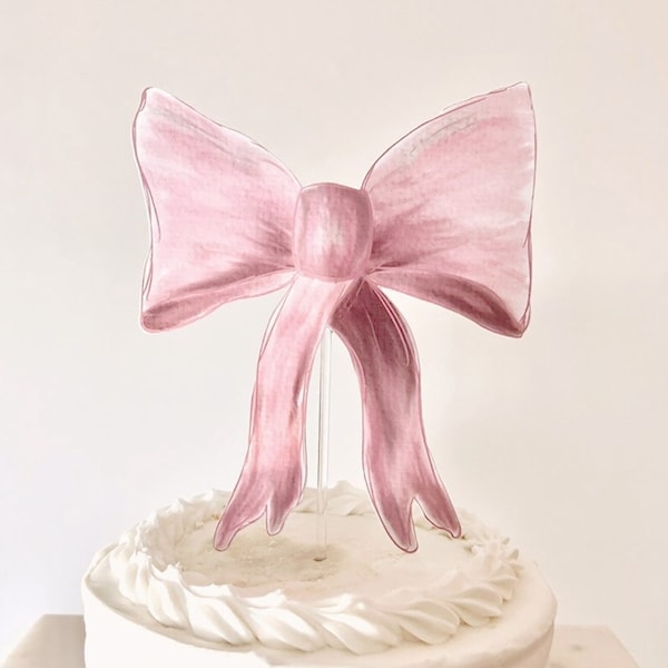 Pink Bow Cake Topper | First Birthday Paper Topper, Bridal Shower Decor, Pink Baby Shower Theme, Soft Feminine Coquette Style Decorations