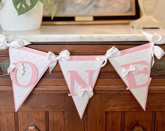 Pink ONE Bow Banner | 1st Birthday Pretty in Pink Banner, Pink High Chair Decor, Dessert Table Bunting, Soft Coquette First Birthday Decor