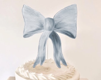 Dusty Blue Bow Cake Topper | 1st Birthday Paper Topper, Bridal Shower Decor, Blue Baby Shower Theme, Soft Feminine Coquette Style Decoration