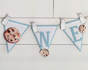 Milk and Cookies ONE Highchair Banner | 1st Birthday One Sweet Cookie Banner, Blue High Chair Decor, Dessert Table Bunting, One Tough Cookie