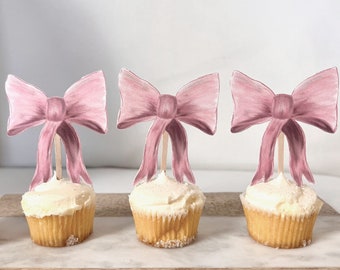 Pink Bow Cupcake Toppers - Set of 12 | Bridal Shower Decor, 1st Birthday Theme, Pink Welcome Baby, Soft Feminine Coquette Theme Decorations