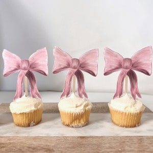 Pink Bow Cupcake Toppers - Set of 12 | Bridal Shower Decor, 1st Birthday Theme, Pink Welcome Baby, Soft Feminine Coquette Theme Decorations