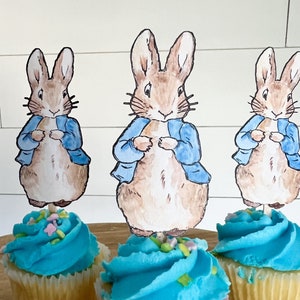 Blue Peter Rabbit Cupcake Toppers, Set of 12 | Beatrix Potter Baby Shower, Dessert Table Decor, Birthday Party Toppers, Blue Themed Party