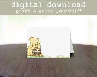 Winnie the Pooh Honey Jar Food Card DIGITAL DOWNLOAD | Hundred Acre Wood Name Card, Blank Baby Shower/Birthday Party Write-In Card Template