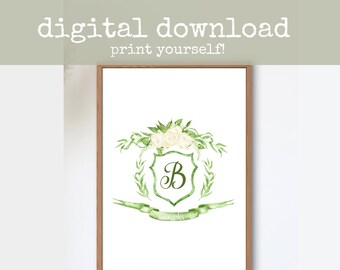 Personalized Initial Floral Crest DIGITAL DOWNLOAD | Gender Neutral Nursery Decor, Customized Letter Wall Art, Watercolor Baby Room Greenery