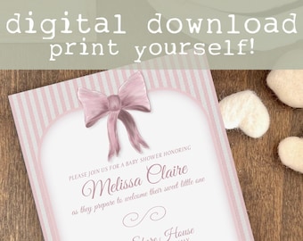 Pink Bow Invitation DIGITAL DOWNLOAD | Baby Shower Decor, Pink Themed Party, Welcome Little One, Soft Feminine Coquette Theme Decorations