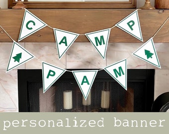 Personalized Camp Bachelorette Banner | Girls Bach Weekend Glamping Trip Decorations, Themed Bridal Party Garland, Summer Camp Cabin Bunting