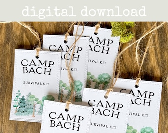 Camp Bachelorette Survival Kit Tags INSTANT DIGITAL DOWNLOAD | Girls Weekend Glamping Trip Favor Tags, Themed Bridal Party Welcome Tags