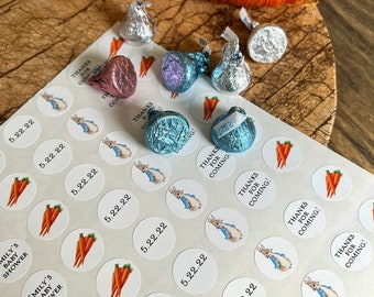 Peter Rabbit Beatrix Potter Personalizable Chocolate Kiss Sticker Sheets 70/Sheet |Customizable Baby Shower/Birthday Party Candy Favor Label