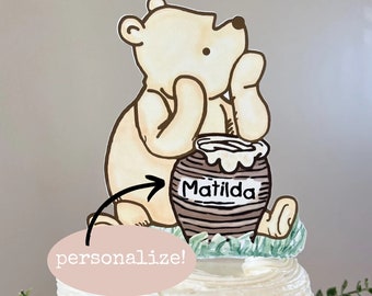 Personalized Pooh Bear Honey Jar Cake Topper | Golden Bear Honey Name Jar Cake Topper, Baby Shower, Birthday, Centerpiece, Smash Cake Decor