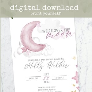 Over The Moon Baby Shower Invitation DIGITAL DOWNLOAD | Pink Stars, I Love You To The Moon & Back Shower Theme, Welcome Baby Shower Invite