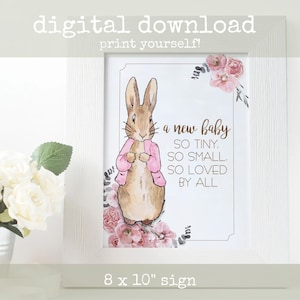 May include: Printable 8x10 inch sign featuring a watercolor illustration of Peter Rabbit wearing a pink jacket. The sign includes the text "a new baby SO TINY. SO SMALL. SO LOVED BY ALL".