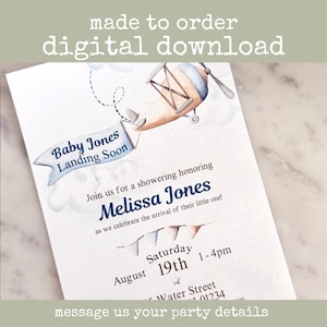 Baby Landing Soon Invitation DIGITAL DOWNLOAD | Blue Airplane Shower Invite, Up & Away Baby on the Way Theme
