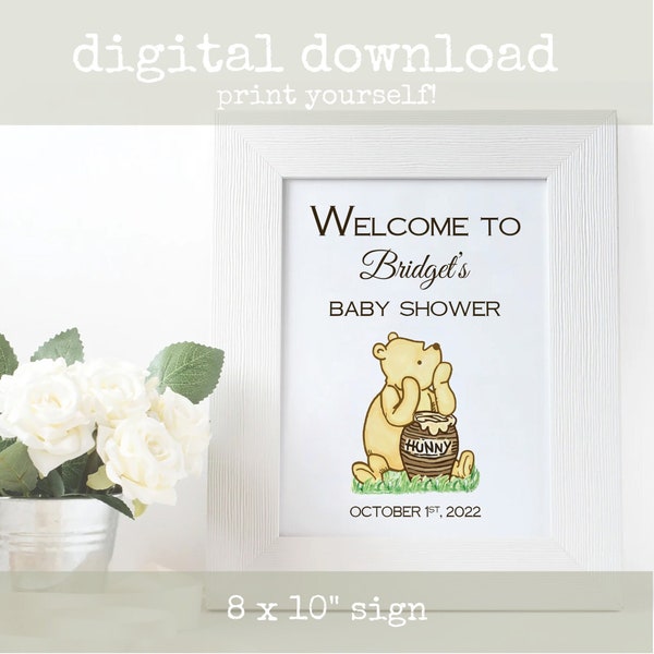 Personalized Winnie the Pooh Baby Shower Welcome Sign | DIGITAL FILE Classic Pooh Honey Themed Party Decoration, Neutral Honey Jar Sign