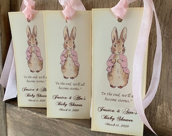 Peter Rabbit Baby Shower Bookmark Favors | Pink Ribbon, Personalized (Set of 12)