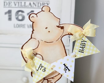 Winnie the Pooh It's A Baby Cake Topper/Yellow Themed Baby Shower Decor/Gender Neutral Reveal Cake/Diaper Cake/Photo Prop/Table Centerpiece
