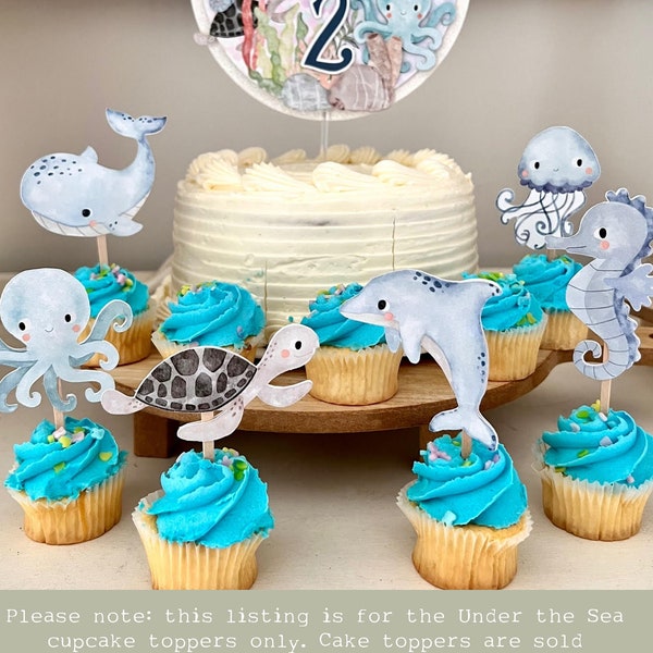 Under The Sea Cupcake Toppers - Set of 12 | Paper Party Favor Toppers, Sea Creature Birthday Party Theme, Ocean Animal Baby Shower Decor