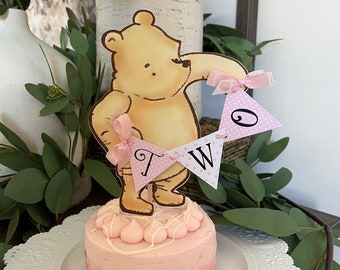Winnie The Pooh Second Birthday Cake Topper | Pink Polka Dot Two Party Cake, Cake Smash Photo Prop, Girly Birthday Party Sign Decor