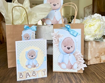 Blue Teddy Bear Baby Shower Gift Set | Gift/Favor Tag, Card and Gift Bag | New Baby Shower Gift Set | Gift for Parent-to-Be | Welcome Baby