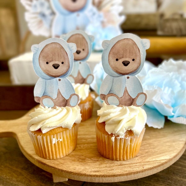 Blue Teddy Bear Cupcake Topper - Set of 12 | Paper Party Favor Toppers/Blue Teddy Themed Birthday Party Cupcake Toppers\Pastel Teddy Bear