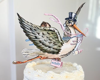 Stork Cake Topper | Gender Neutral Vintage Cake Topper, Baby Shower Decor, It’s a Girl/Boy/Baby Reveal Topper, Stork Table Centerpiece