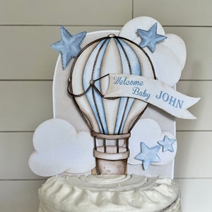 Personalizable Welcome Baby Blue Hot Air Balloon Cake Topper/Diaper Cake Topper/Baby Shower/Photo Prop/Gender Reveal Topper Decorations