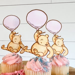 Winnie the Pooh With Pink Balloon Cupcake Toppers/Pink Balloon Topper/Photo Prop/Winnie the Pooh Birthday Topper/Set of 12