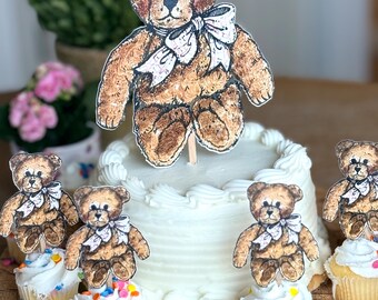 Pink Teddy Bear Cake Topper – Fuzzy Bear with Bow, Baby Shower Party Decoration