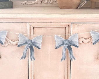 Dusty Blue Bow Garland | Shower Decor, 1st Birthday Banner, Welcome Baby, Dessert Table Bunting, Soft Feminine Coquette Theme Decorations