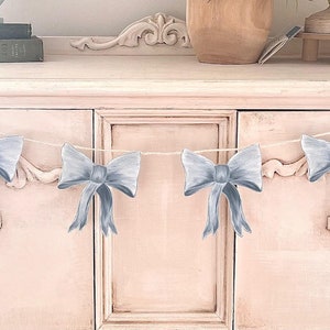 Dusty Blue Bow Garland Shower Decor, 1st Birthday Banner, Welcome Baby, Dessert Table Bunting, Soft Feminine Coquette Theme Decorations image 1