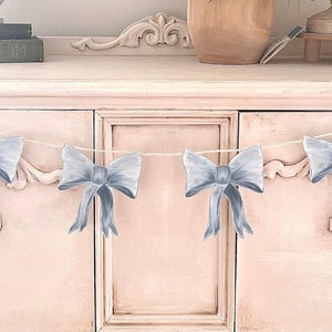 Dusty Blue Bow Garland | Shower Decor, 1st Birthday Banner, Welcome Baby, Dessert Table Bunting, Soft Feminine Coquette Theme Decorations