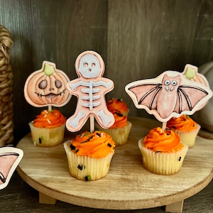 Halloween Cookie Cupcake Toppers (Set of 12) | Spooky Season Dessert Table Decor, Party Treats, Skeleton, Bat, Pumpkin Sugar Cookie Treats