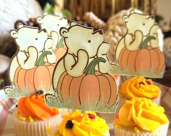 Winnie the Pooh with Pumpkin Cupcake Topper (Set of 12)/Baby Shower/Birthday/Centerpiece /Photo Prop/Birthday Party Decoration
