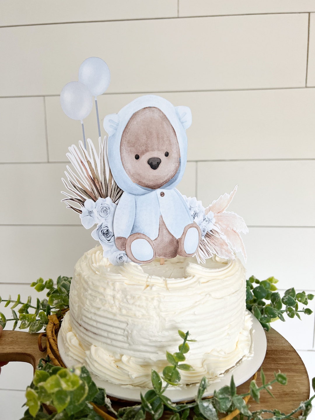 Blue Teddy Bear Cake Topper With Pampas Grass and Balloons | Blue Baby ...