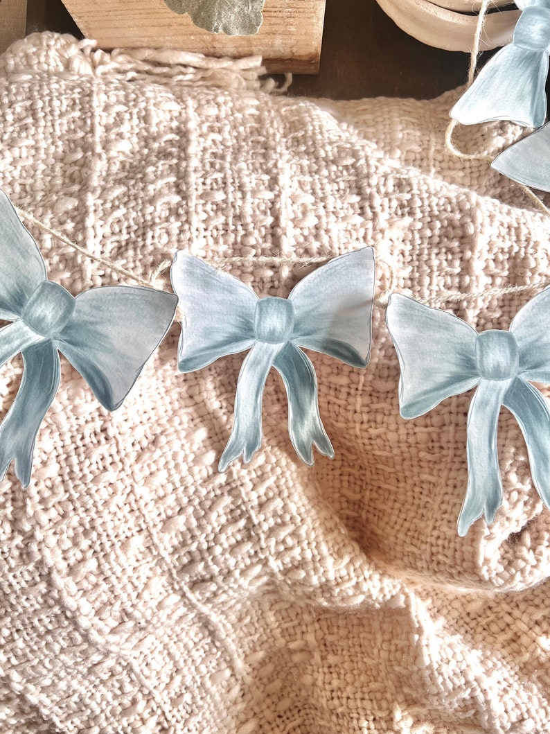 Dusty Blue Bow Garland Shower Decor, 1st Birthday Banner, Welcome Baby, Dessert Table Bunting, Soft Feminine Coquette Theme Decorations image 2