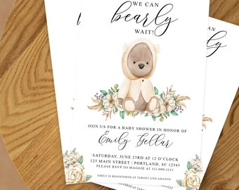 We Can Bearly Wait Yellow Teddy Bear Baby Shower Invitation (Set of 10) | Welcome Baby Shower Invite, Pastel Themed Gender Neutral Shower