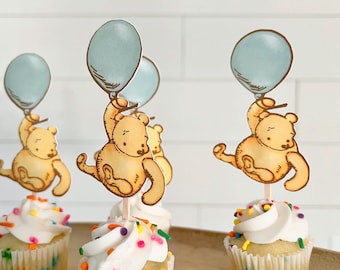 Winnie the Pooh With Green Balloon Cupcake Toppers (Set of 12) | Green Balloon Party, Gender Neutral Shower Decor, Pooh Bear Birthday Topper