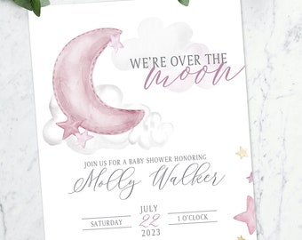 Over The Moon Baby Shower Invitation (Set of 10) | Pink Moon & Stars, Love You To The Moon and Back Shower Theme Welcome Baby Shower Invite
