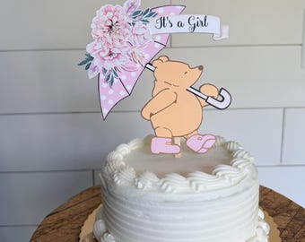 Winnie The Pooh It's A Girl Cake Topper | Pink Umbrella Baby Shower Prop