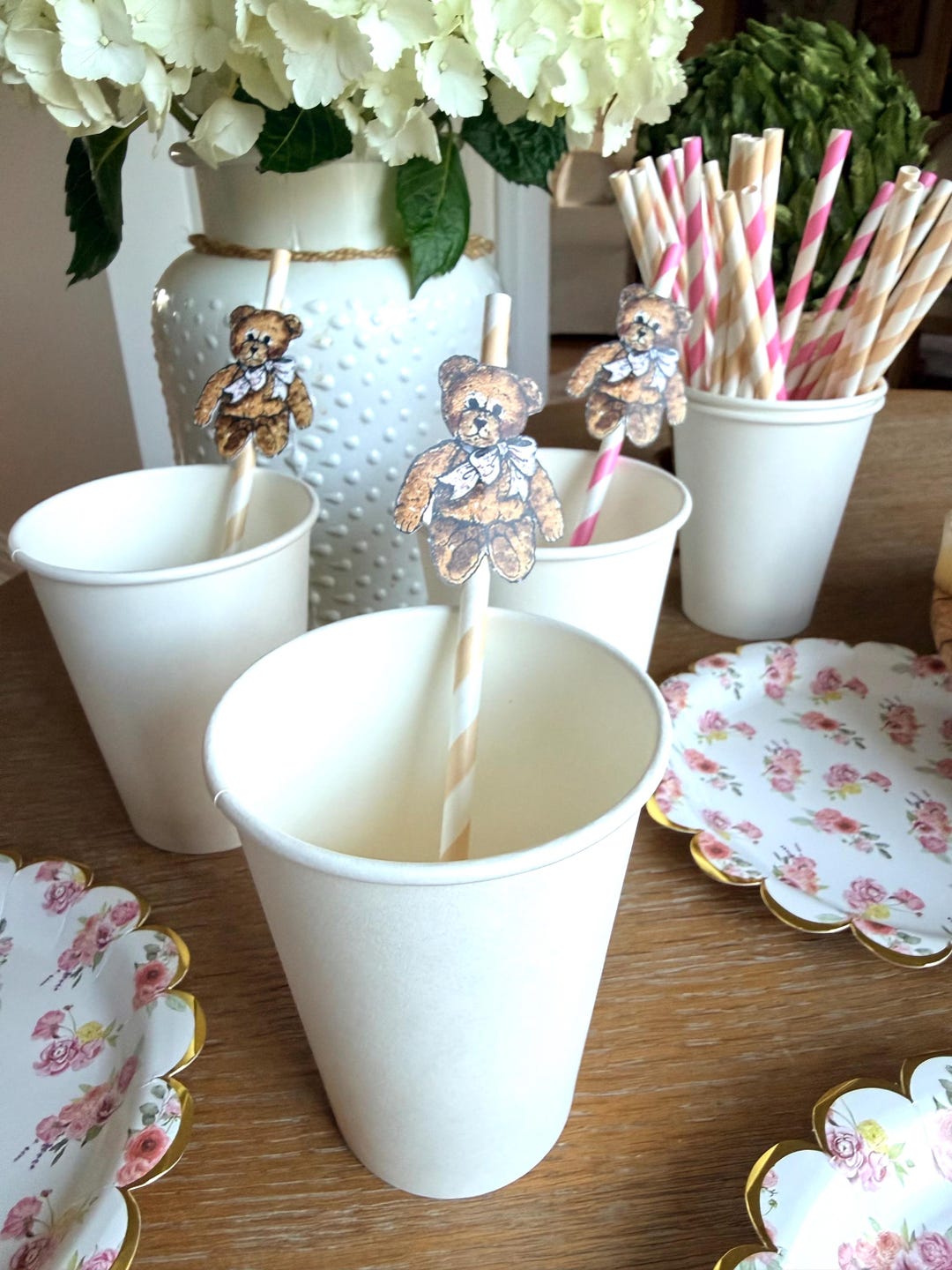 Pink Teddy Bear Cake Topper – Fuzzy Bear With Bow, Baby Shower Party ...