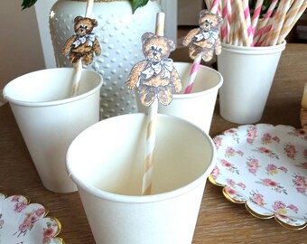 Pink Teddy Bear Cake Topper – Fuzzy Bear with Bow, Baby Shower Party Decoration