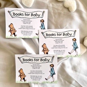 May include: Three cards with a Winnie the Pooh theme, each with the text "Books for Baby" and a request to bring a book instead of a card to a baby shower. The cards feature illustrations of Winnie the Pooh and a child.