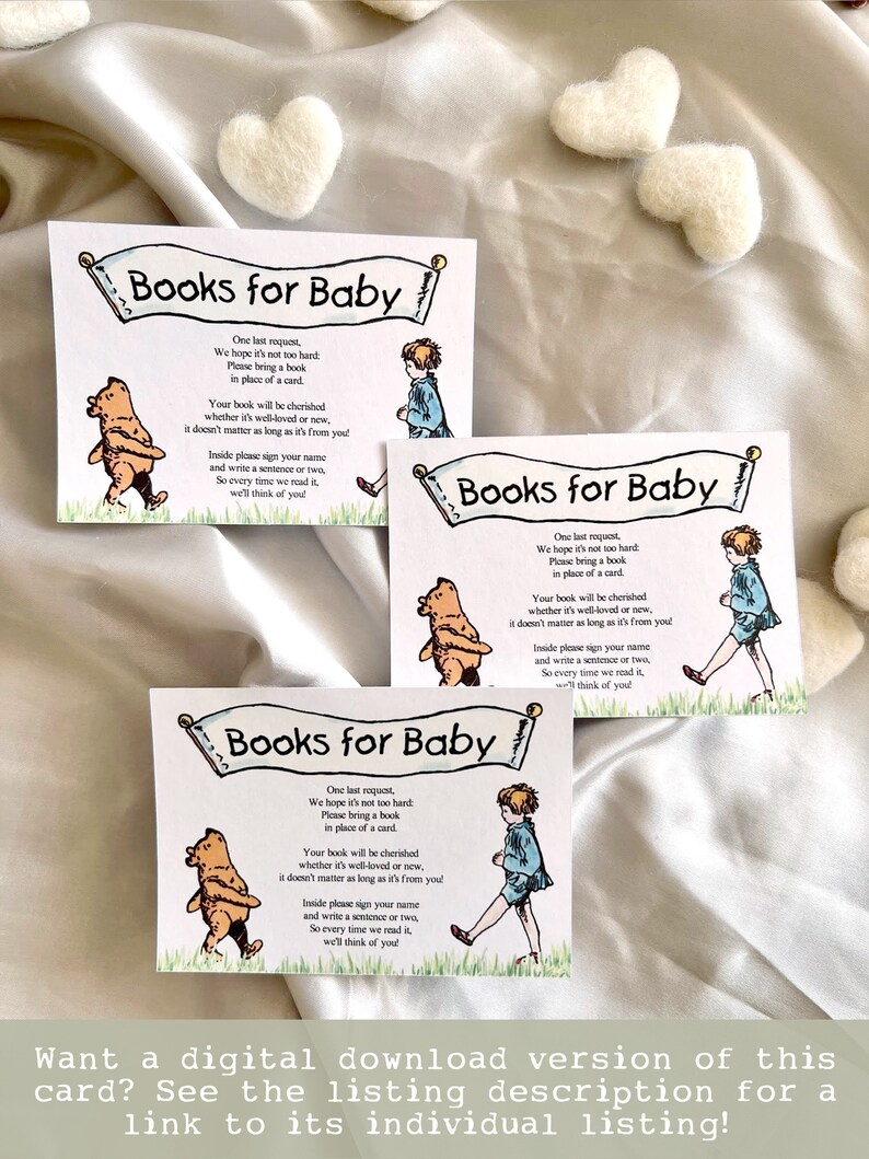 May include: Three cards with a Winnie the Pooh theme, each with the text "Books for Baby" and a request to bring a book instead of a card to a baby shower. The cards feature illustrations of Winnie the Pooh and a child.