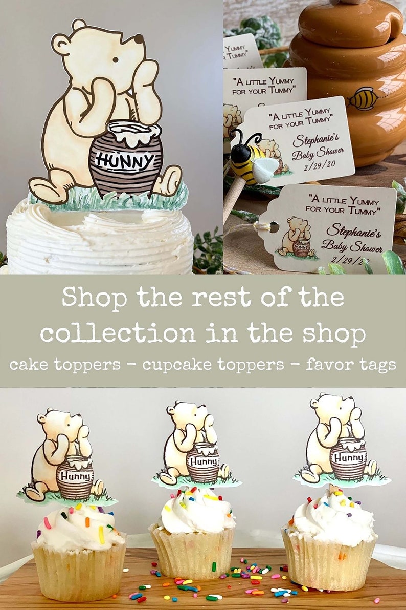 May include: Winnie the Pooh themed baby shower decorations.  A cake topper with Winnie the Pooh holding a honey pot.  Three cupcake toppers with Winnie the Pooh holding a honey pot.  Favor tags with Winnie the Pooh holding a honey pot and the text "A little yummy for your tummy" and "Stephanie's Baby Shower 2/29/20".