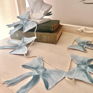 Dusty Blue Bow Garland Shower Decor, 1st Birthday Banner, Welcome Baby, Dessert Table Bunting, Soft Feminine Coquette Theme Decorations image 5