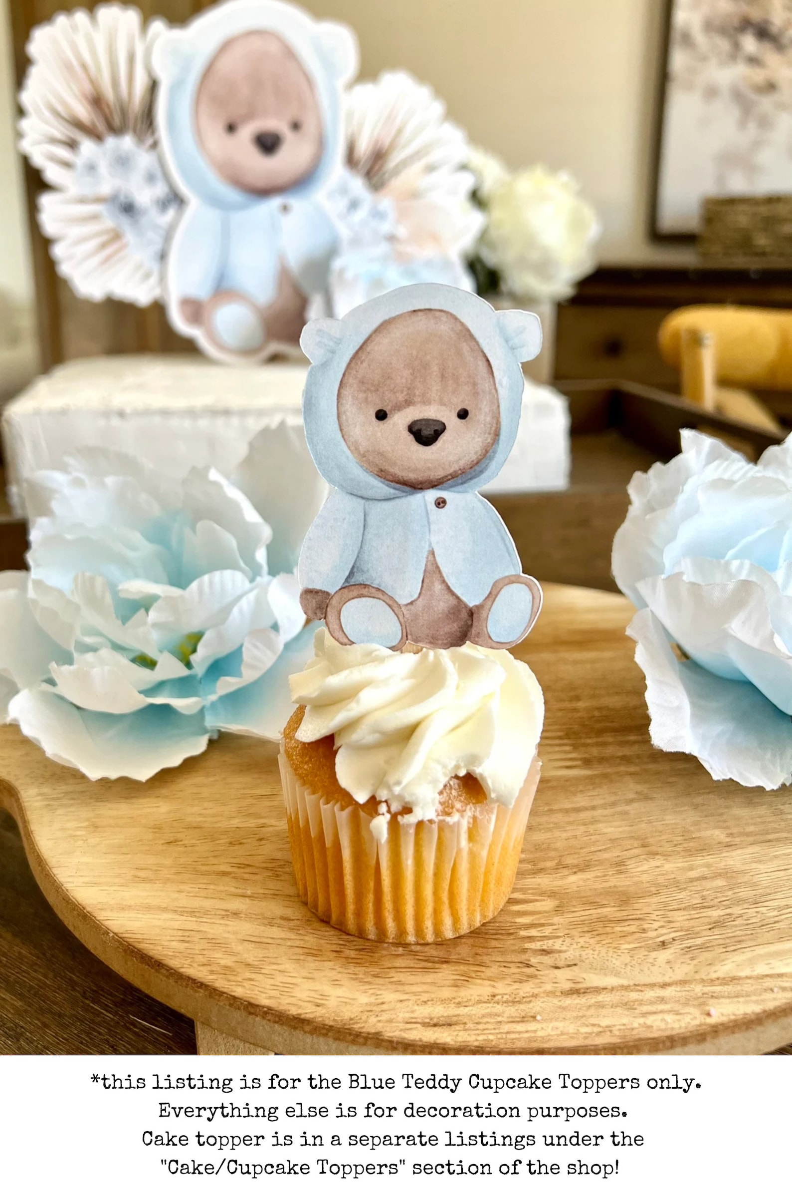 Blue Teddy Bear Cupcake Topper - Set of 12 | Paper Party Favor Toppers ...
