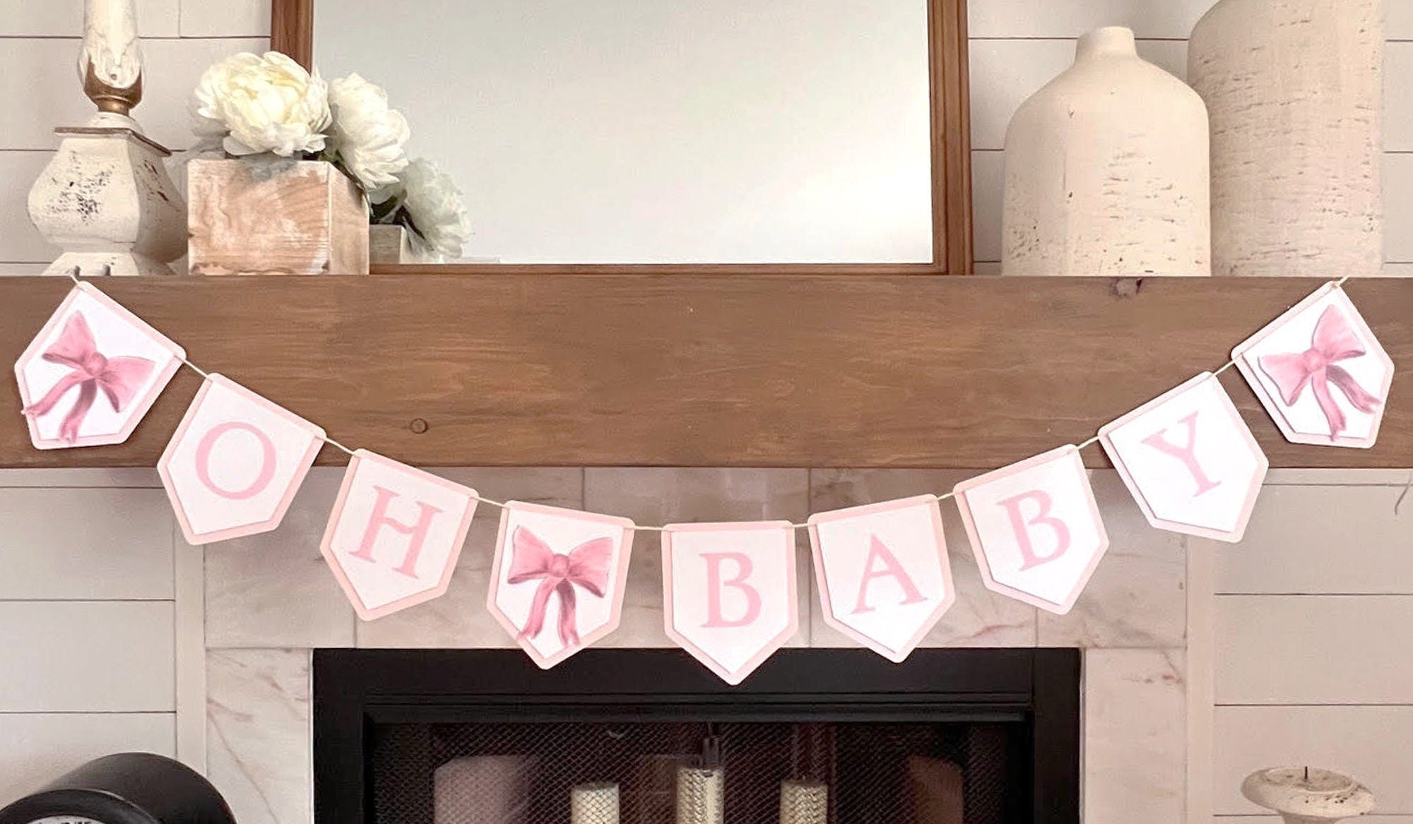 Pink Oh Baby Bow Garland | Shower Decor, Baby Shower Banner, Welcome Baby, Dessert Table Bunting, Soft Feminine Coquette Theme Decorations