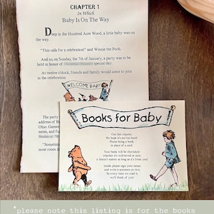 May include: A Winnie the Pooh themed baby shower invitation with a book request card. The invitation is a cream colored card with brown text and a picture of Winnie the Pooh and friends. The book request card is a white card with brown text and a picture of Winnie the Pooh and a little boy.