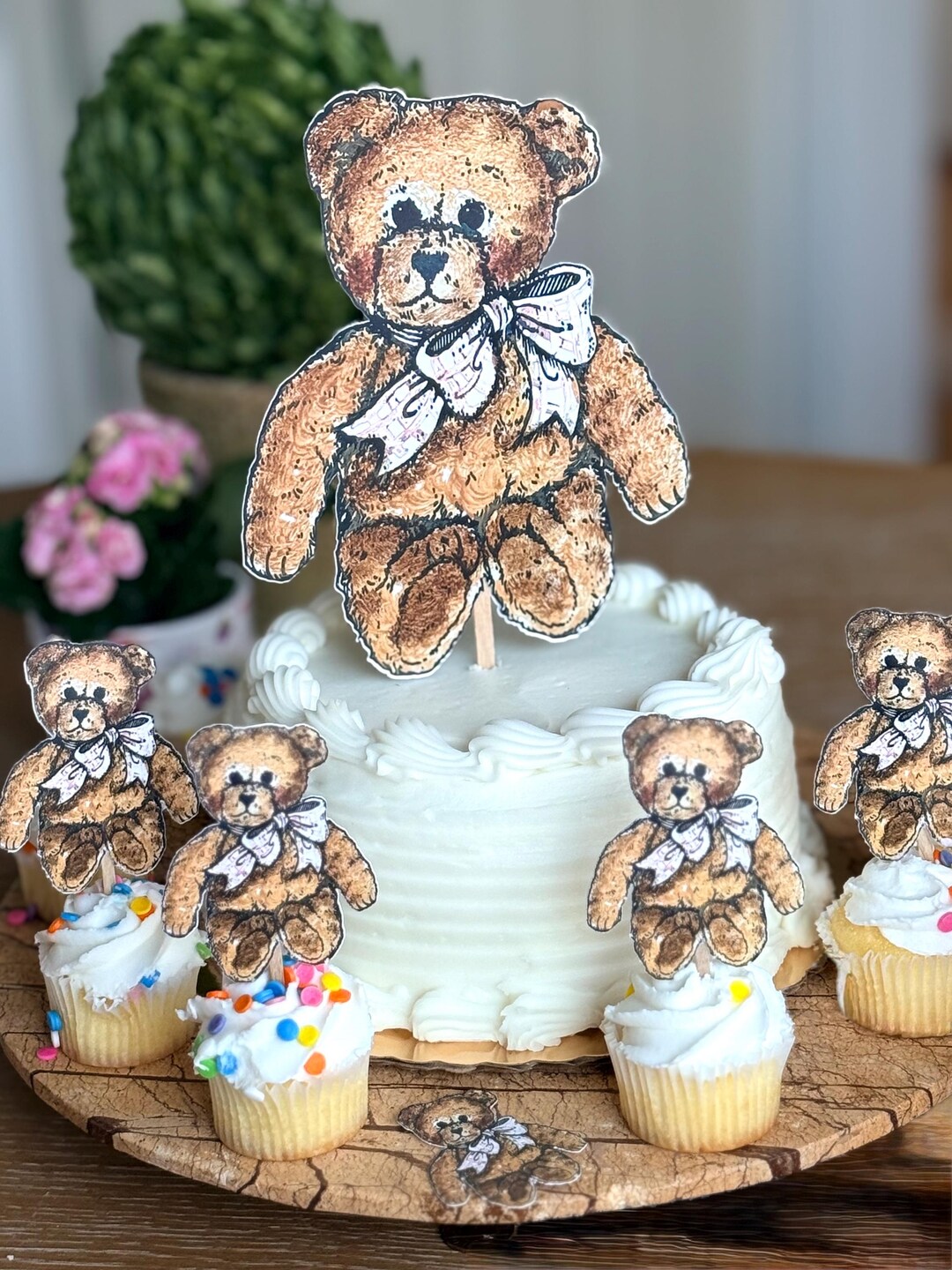 Pink Teddy Bear Cake Topper – Fuzzy Bear With Bow, Baby Shower Party ...