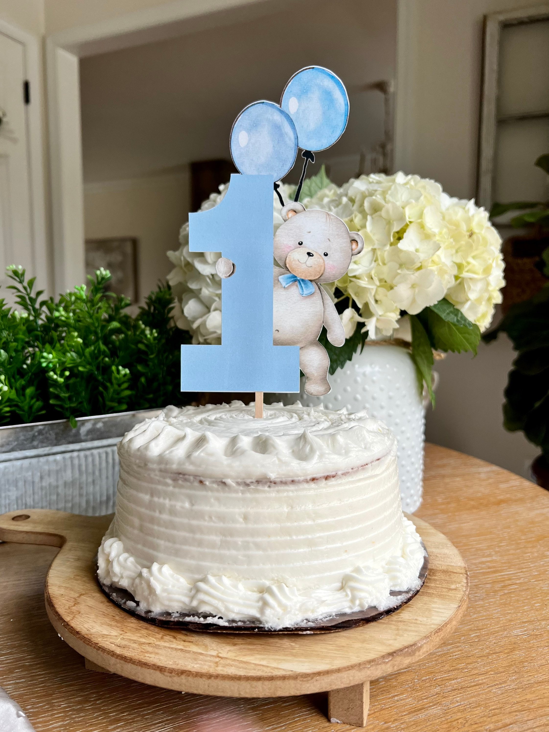 Cute Bear 1st Birthday Cake Topper - Honey Bear Theme, "Wild One" Design, Blue Vintage Cartoon Style - View #10